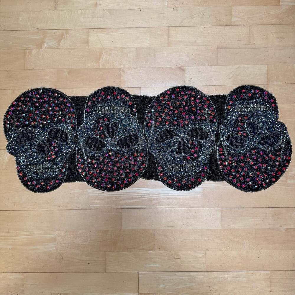 Tahari Home Halloween Beaded Jeweled Skull Table Runner Centerpiece 13x36"